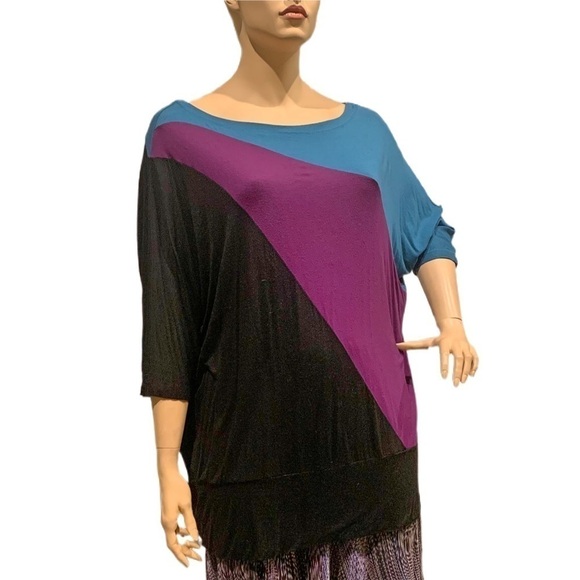 Igigi Dolman 3/4 Sleeve Tunic Plus 26/28 Black Magenta Teal Color-Block Wide Hem - Picture 3 of 10